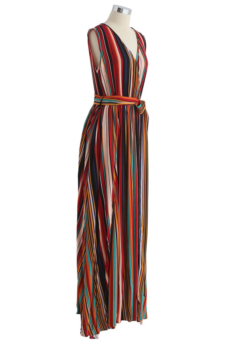 Elegance Keeper Stripes V-Neck Maxi Dress in Wine