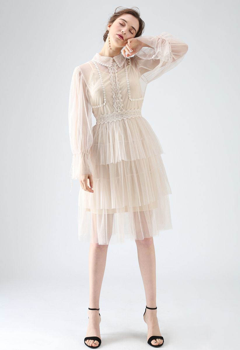 Day Glow Tiered Mesh Dress in Cream