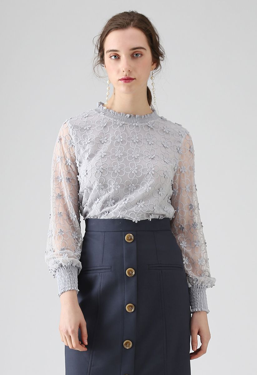 Loving Love Floral Embroidered Mesh Top in Grey