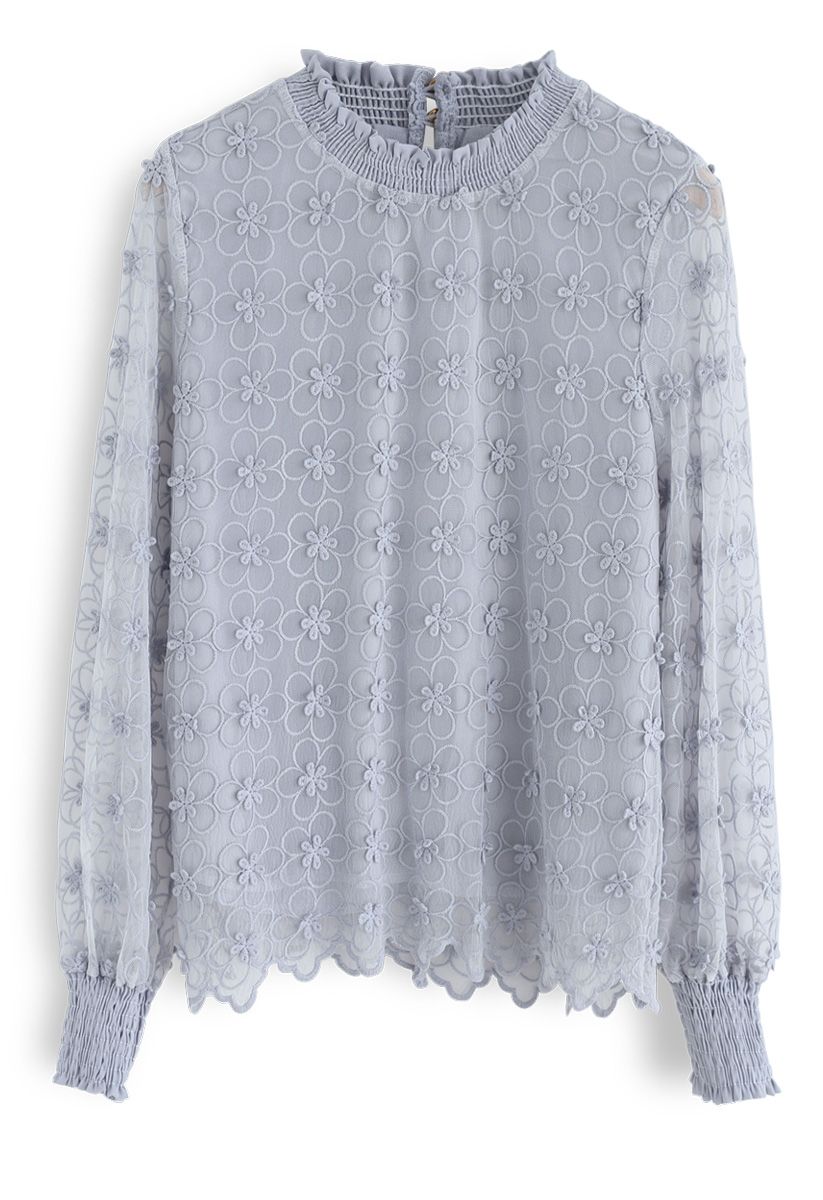 Loving Love Floral Embroidered Mesh Top in Grey