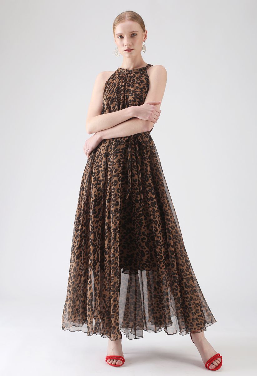 Leopard Watercolor Maxi Slip Dress in Brown