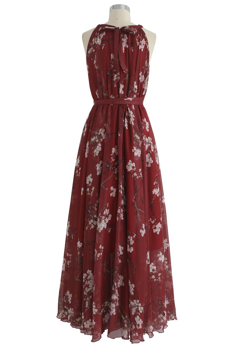 Plum Blossom Watercolor Maxi Slip Dress in Wine