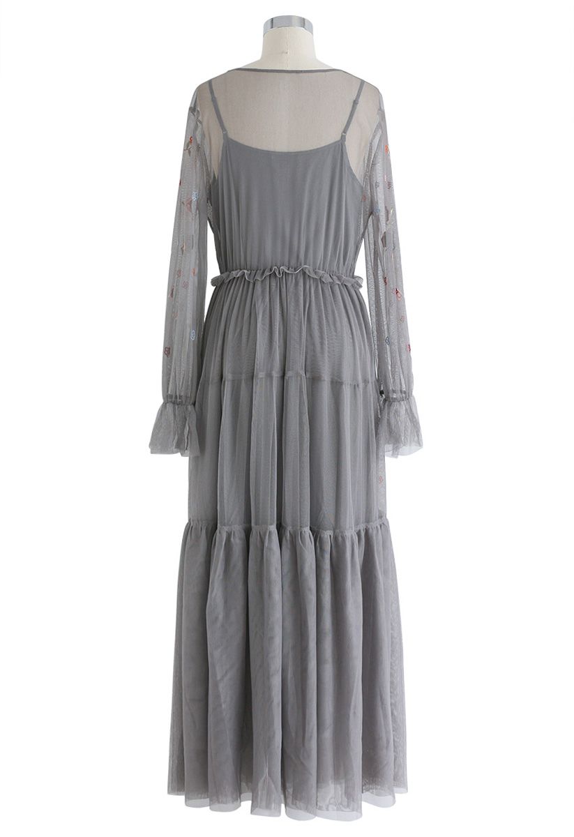 Garden Stunner Embroidered Mesh Maxi Dress in Grey 