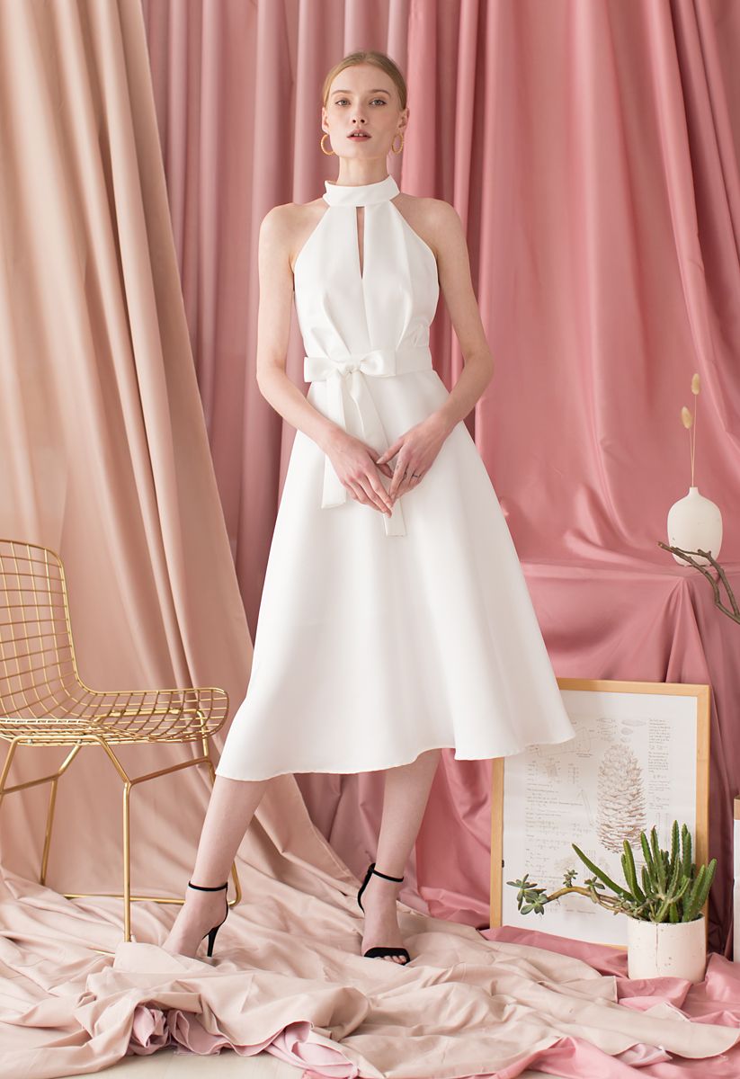 Lady in White Halter Neck Midi Dress