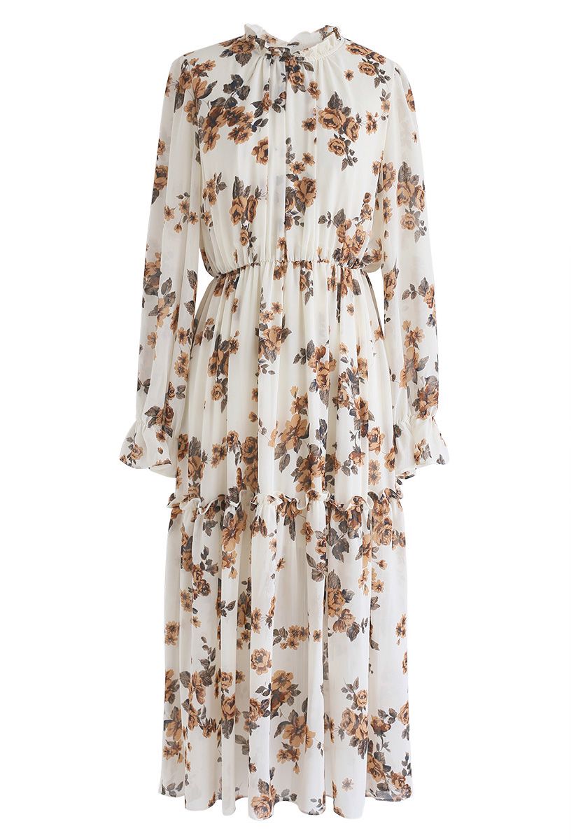 Roll with It Floral Chiffon Dress in Cream