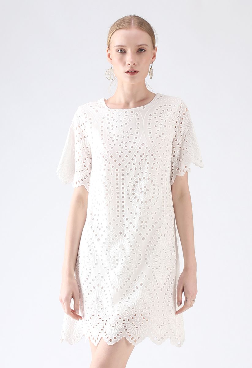 Slow Down Embroidered Eyelet Shift Dress in White