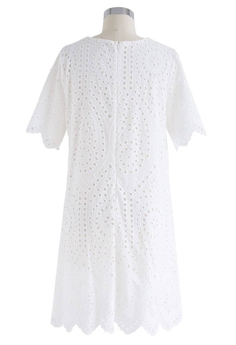 Slow Down Embroidered Eyelet Shift Dress in White