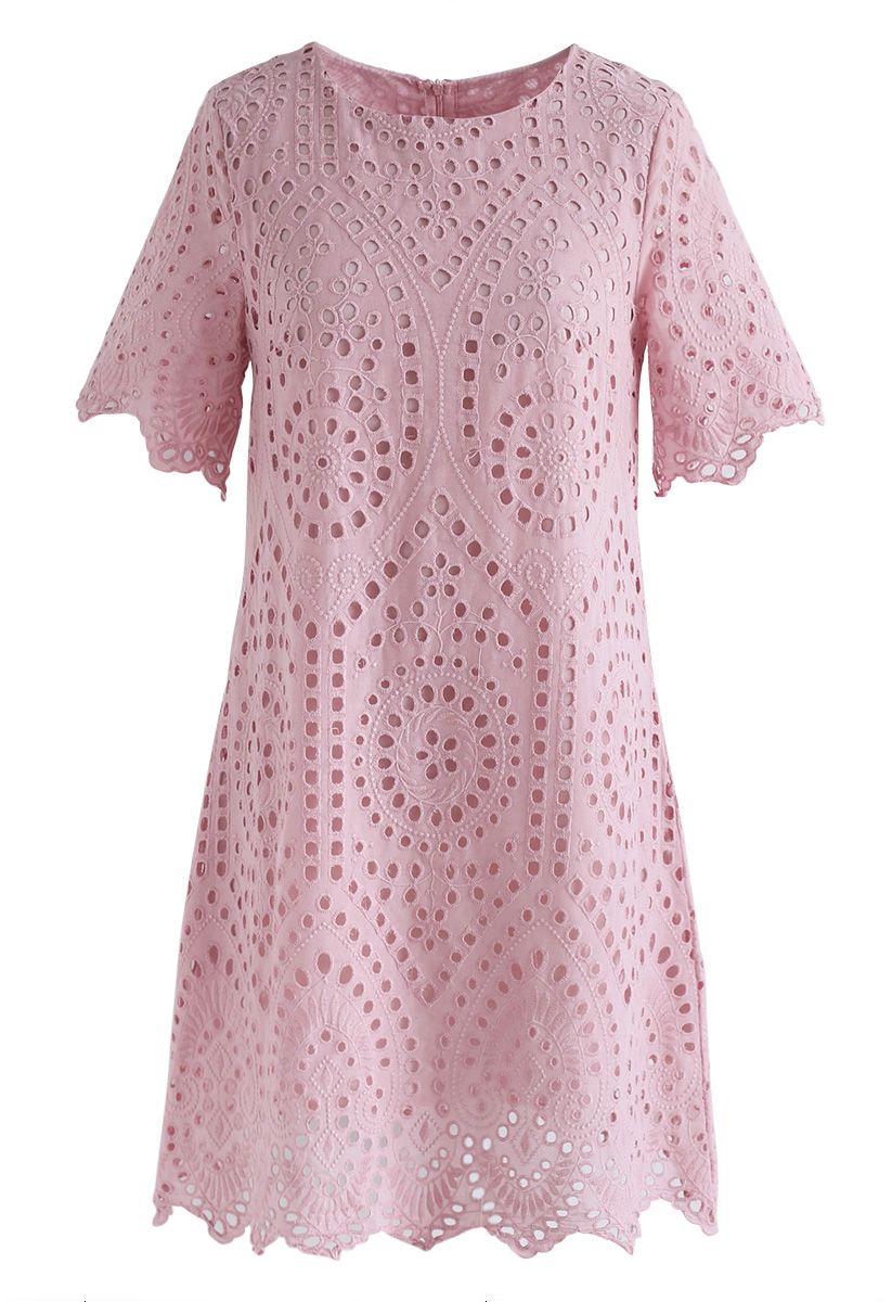 Slow Down Embroidered Eyelet Shift Dress in Pink