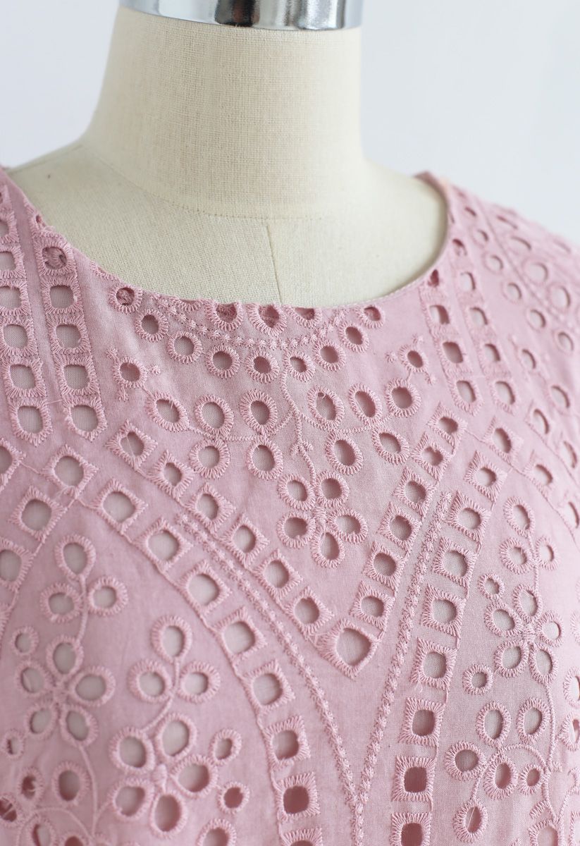 Slow Down Embroidered Eyelet Shift Dress in Pink