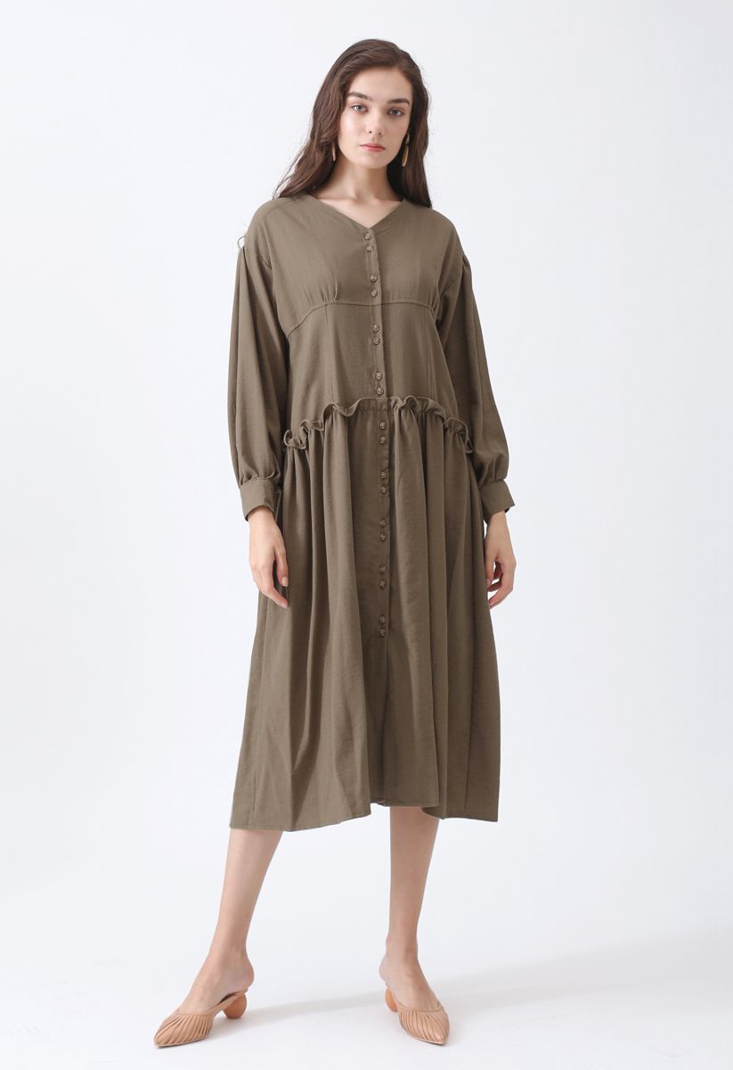 Come Into My Life Button Dress in Brown 