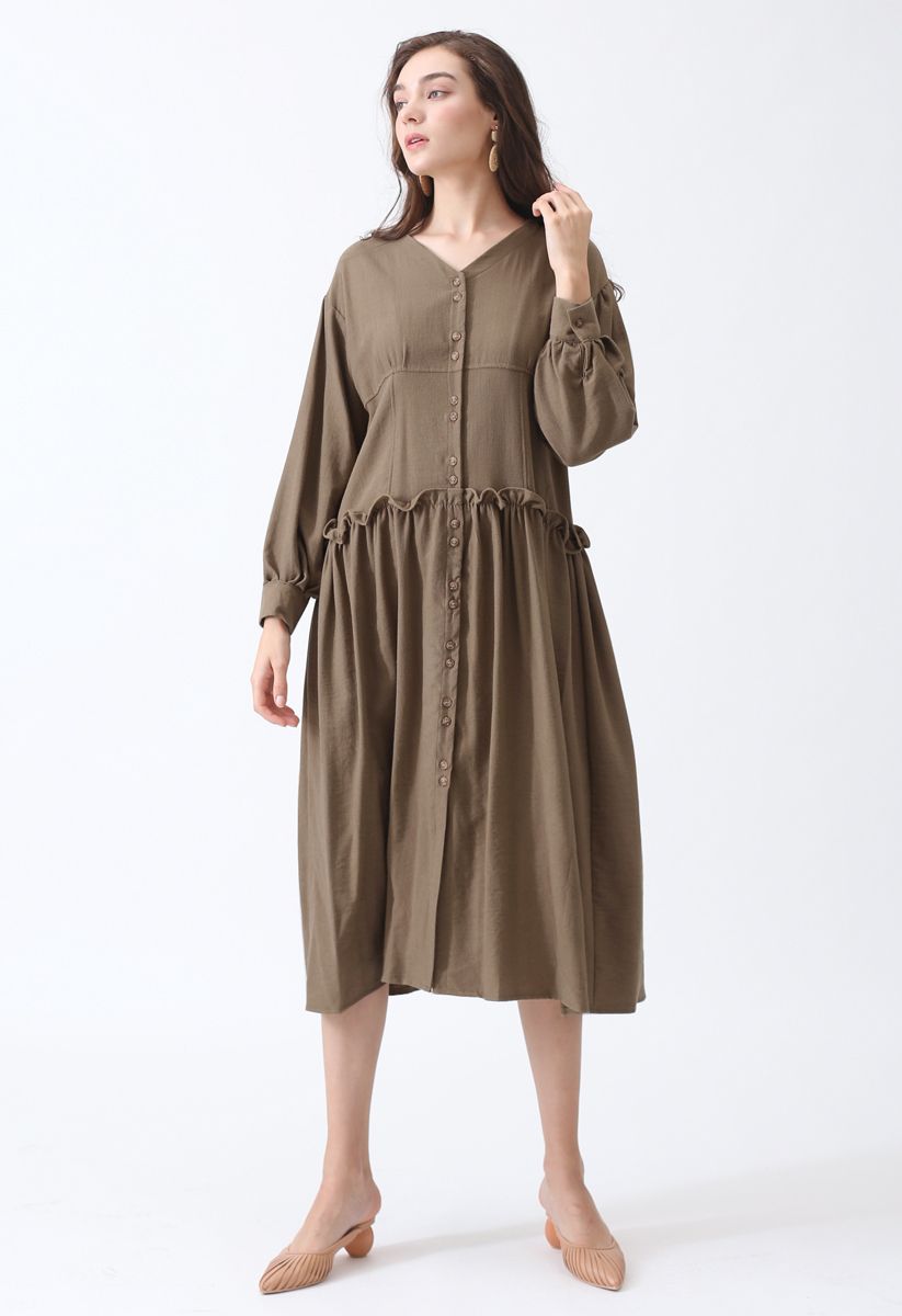 Come Into My Life Button Dress in Brown 