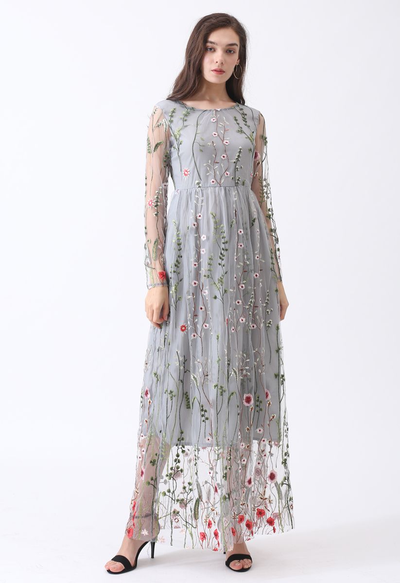 Lost in Flowering Fields Embroidered Mesh Maxi Dress in Grey