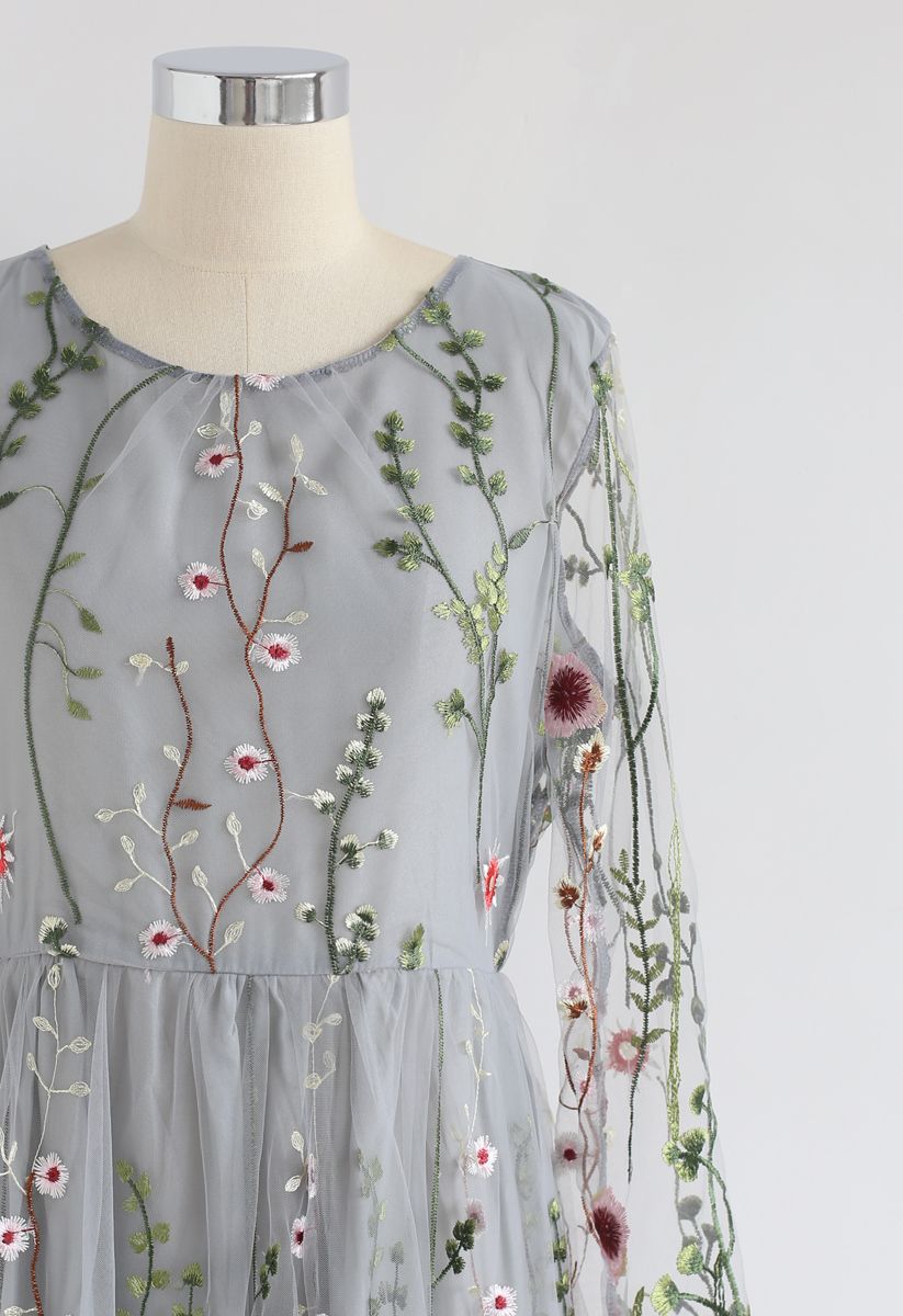 Lost in Flowering Fields Embroidered Mesh Maxi Dress in Grey