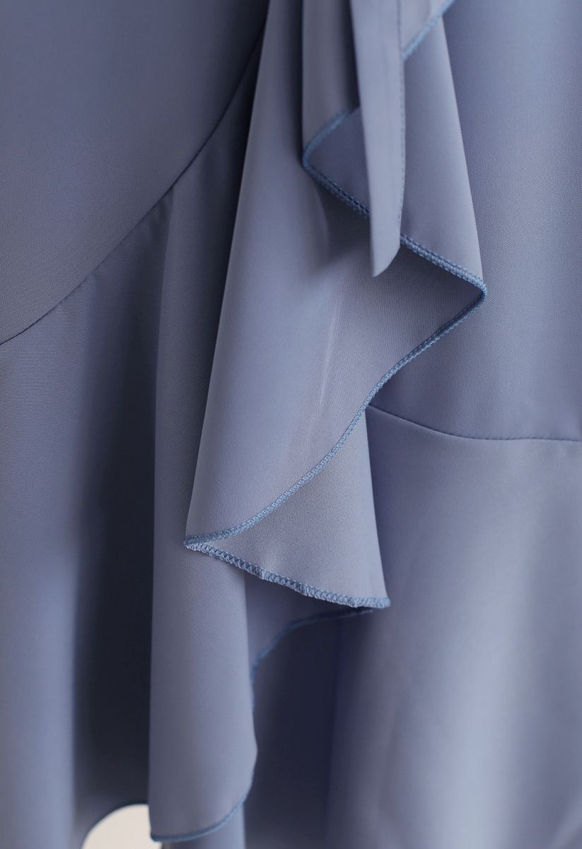 Simple Base Asymmetric Ruffle Midi Skirt in Blue
