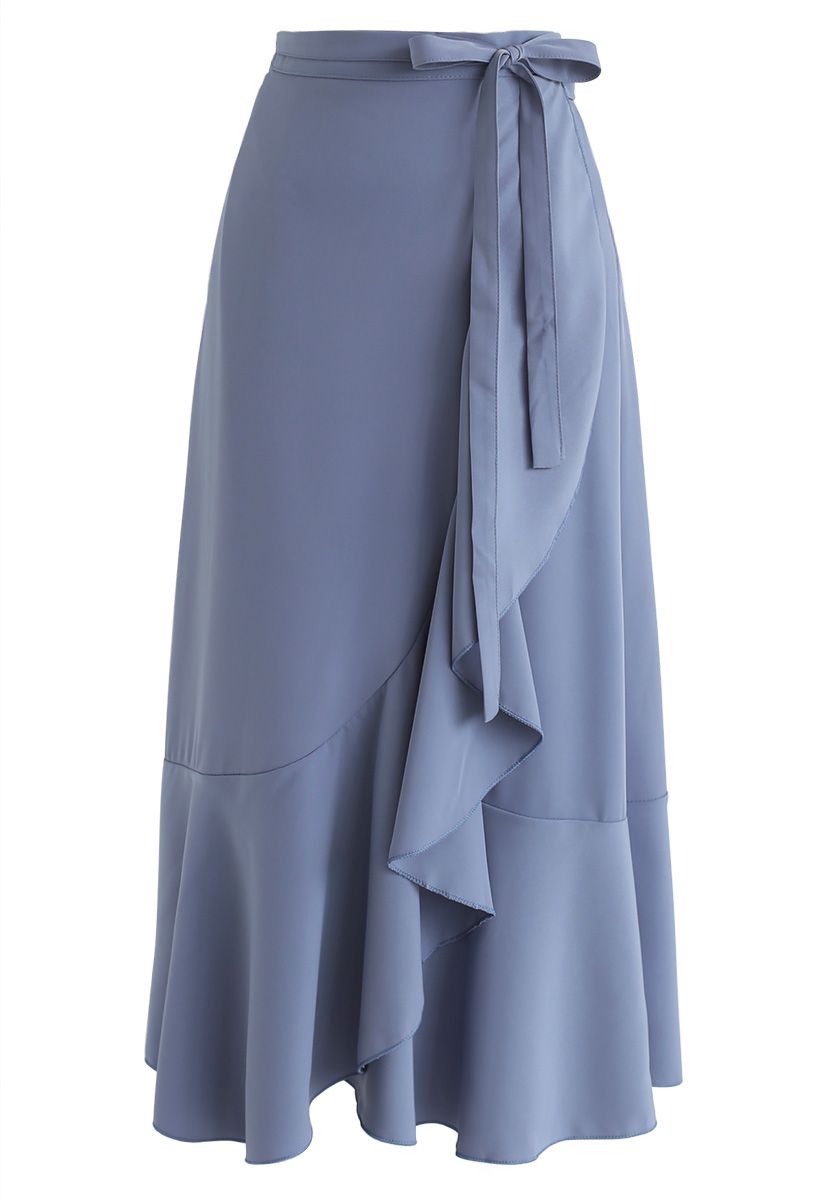 Simple Base Asymmetric Ruffle Midi Skirt in Blue
