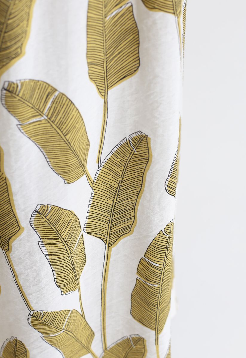 Summer Palm Leaf Print Halter Neck Maxi Dress in Mustard