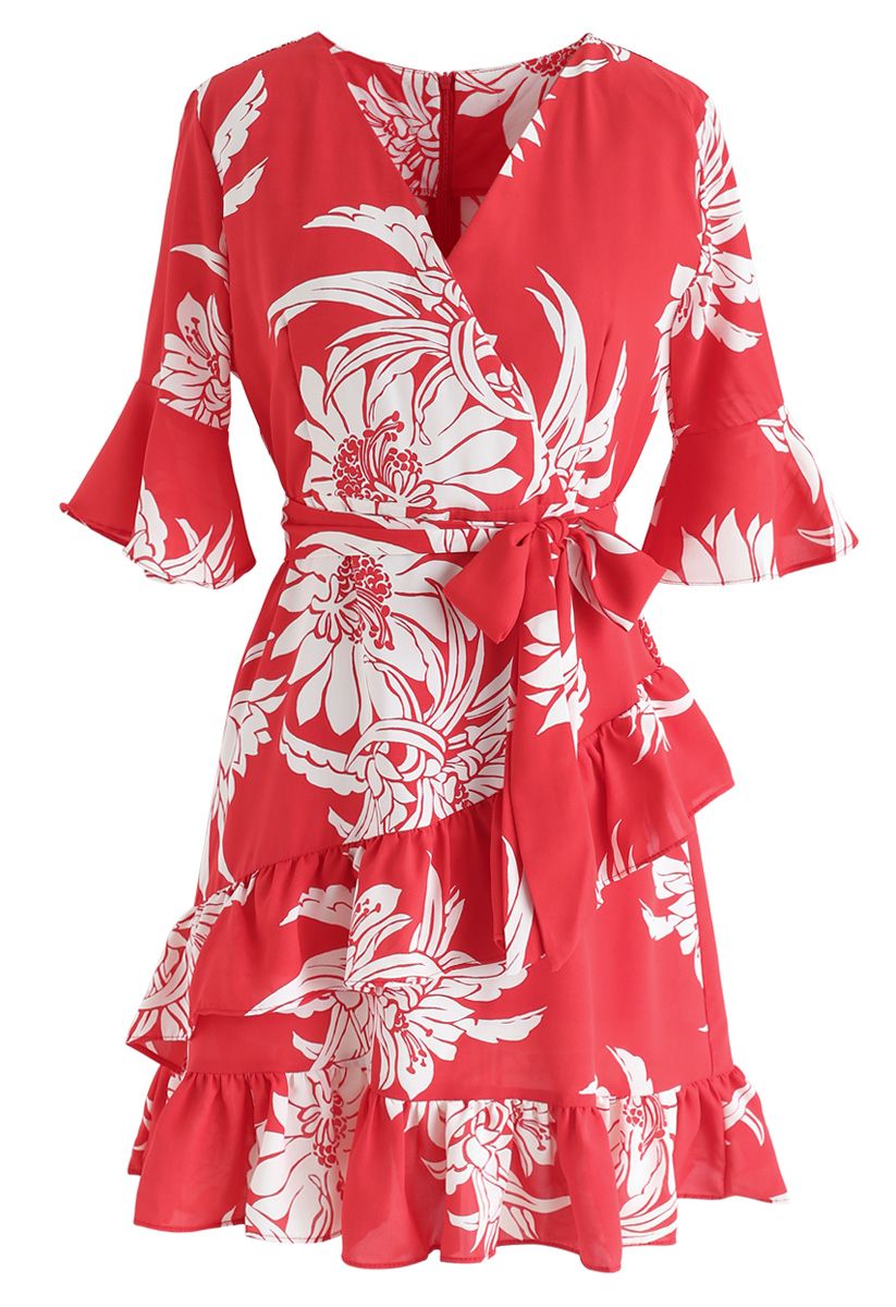 Summer Red Floral Print Ruffle Dress