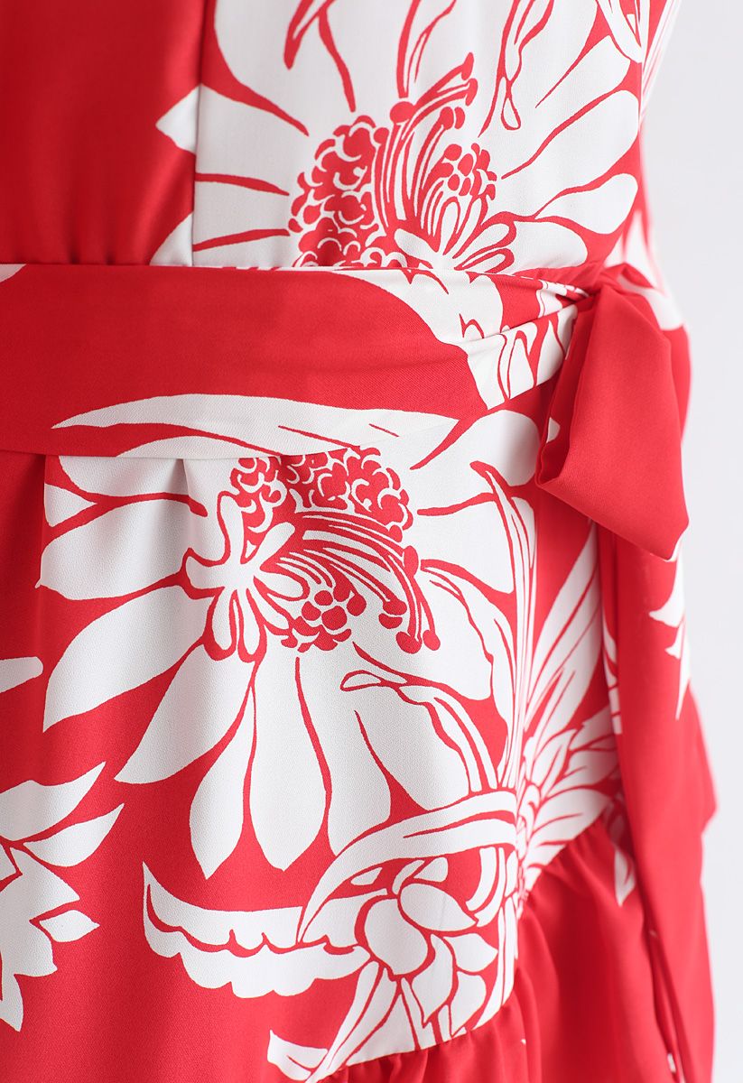 Summer Red Floral Print Ruffle Dress