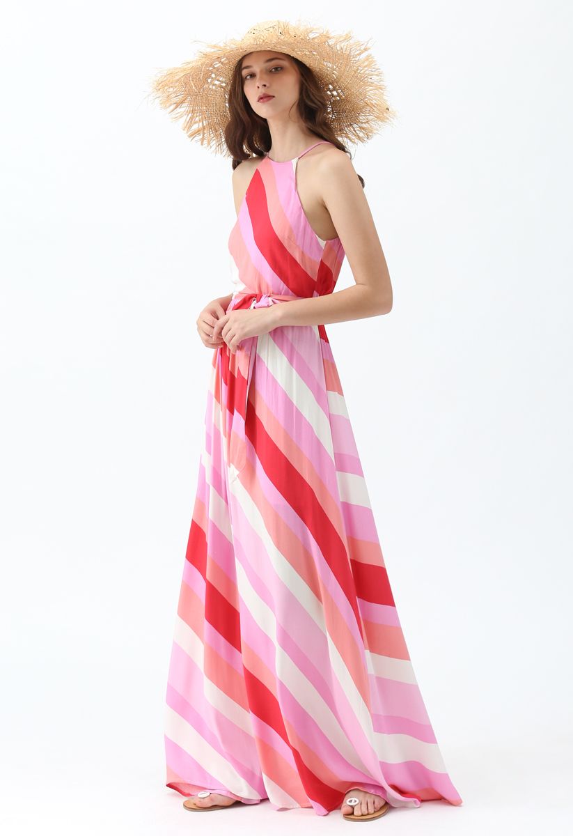 Sweet Sunset Stripe Halter Neck Maxi Dress