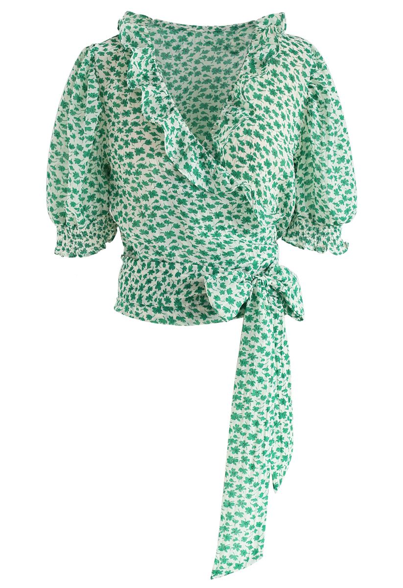 Tie Up a Bowknot Floret Wrapped Top in Green