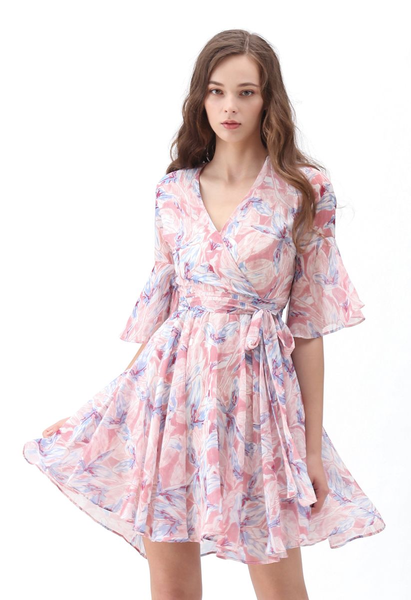 Tropical Splendor Watercolor Printed Wrap Dress in Pink