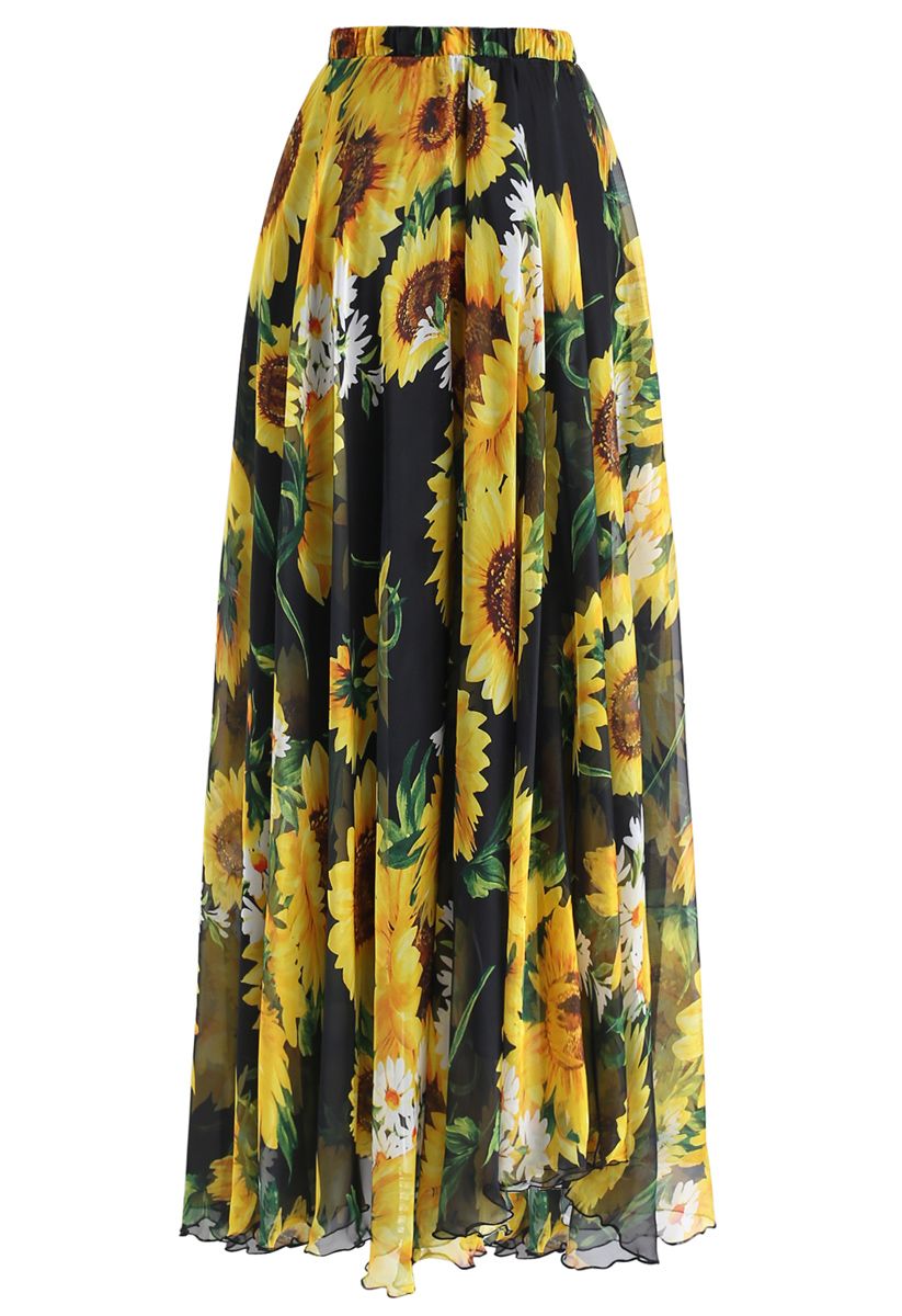 Blooming Sunflower Watercolor Maxi Skirt in Black