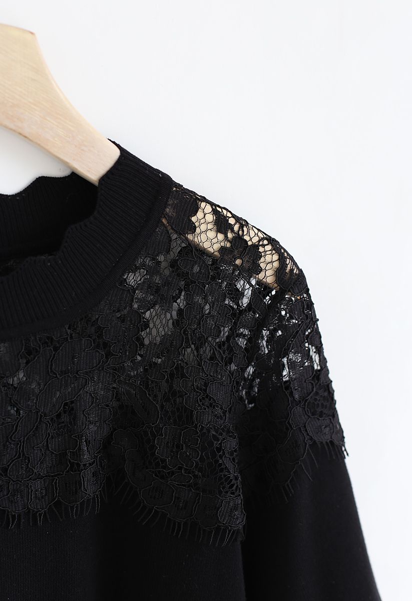 Best Part Lace Trimmed Knit Top in Black