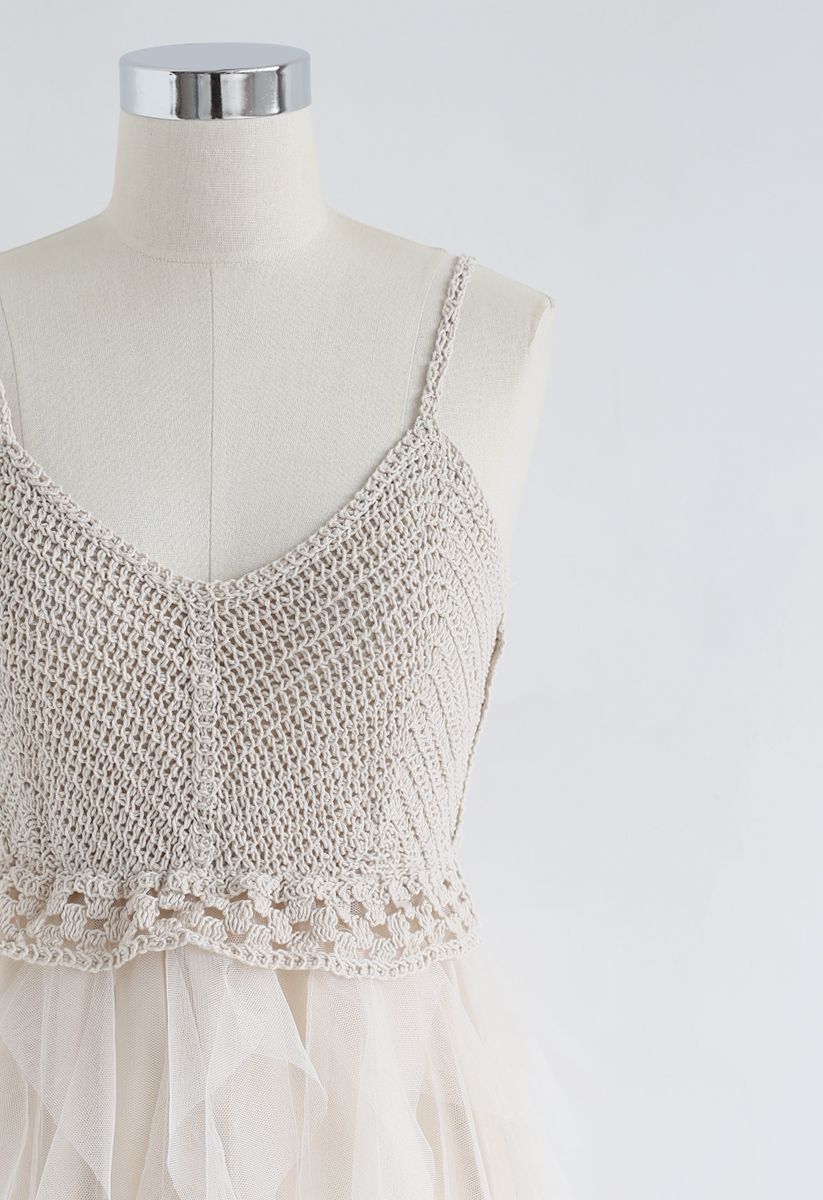 Knit Ruffled Mesh Cami Dress in Cream
