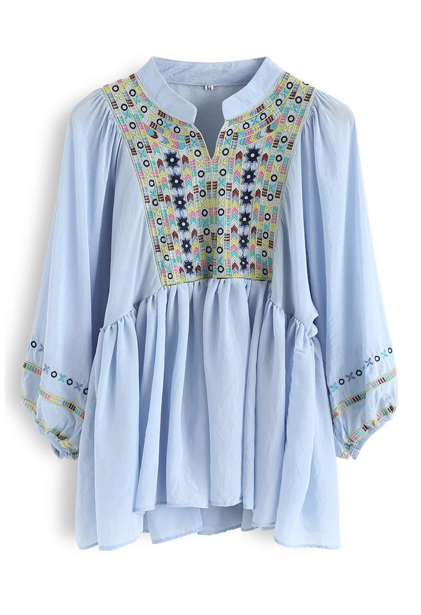 Puff Sleeves Boho Embroidered Dolly Top in Blue