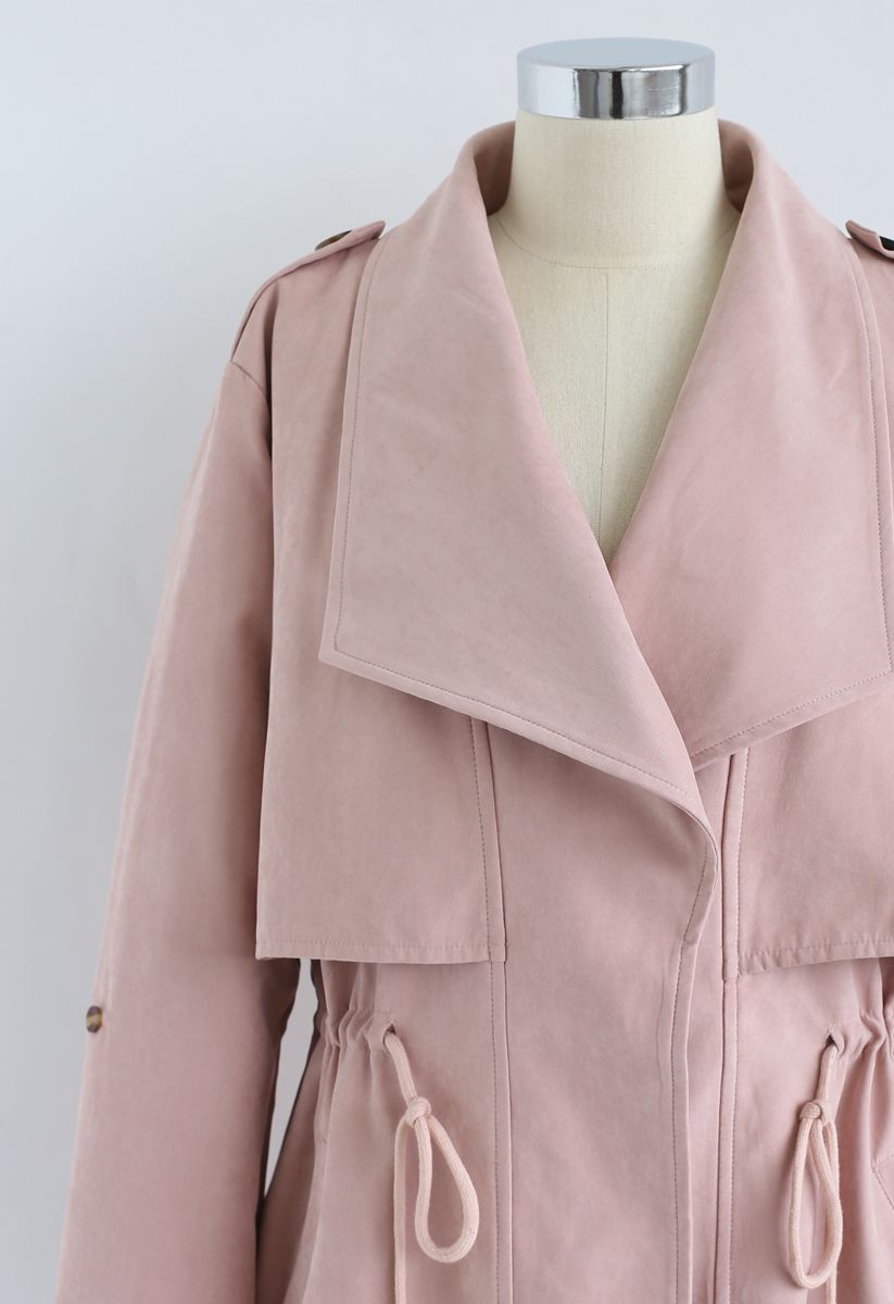 Drawstring Waist Longline Trench Coat in Pink