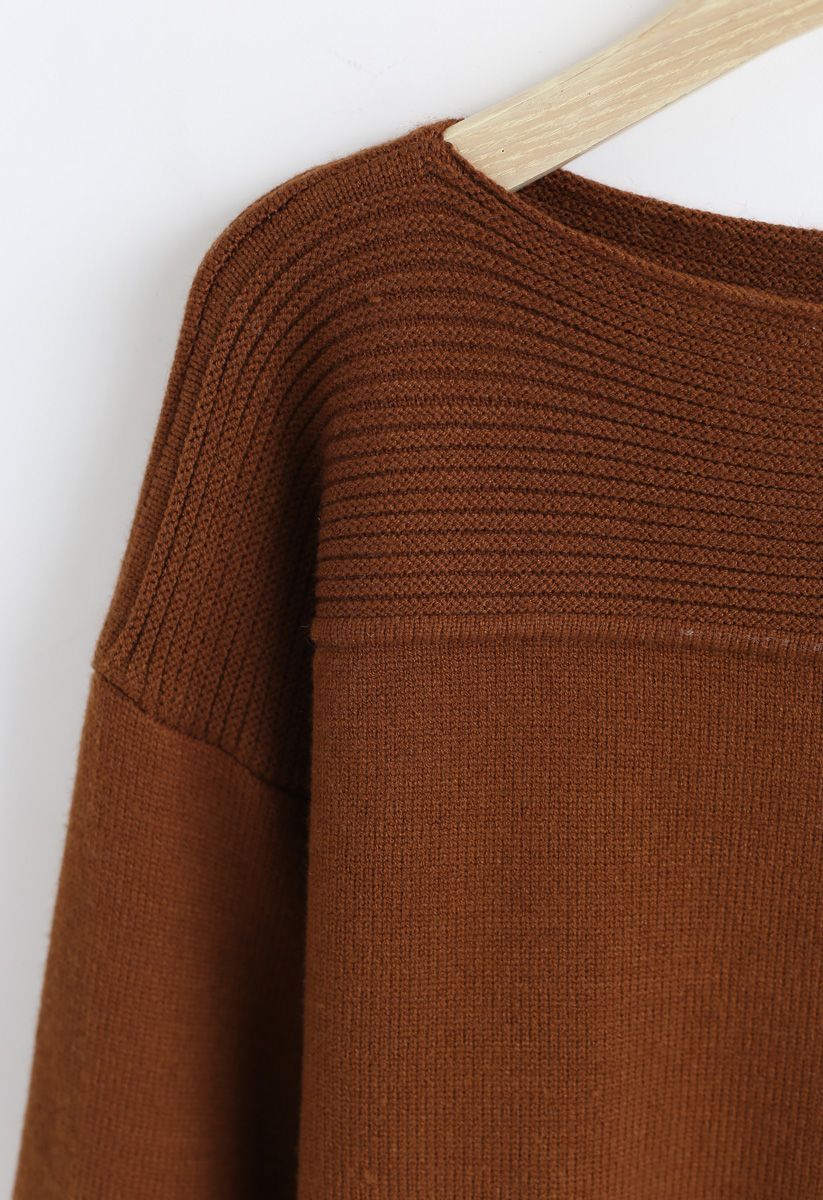 Bubble Sleeves Drawstring Bowknot Knit Sweater in Caramel 