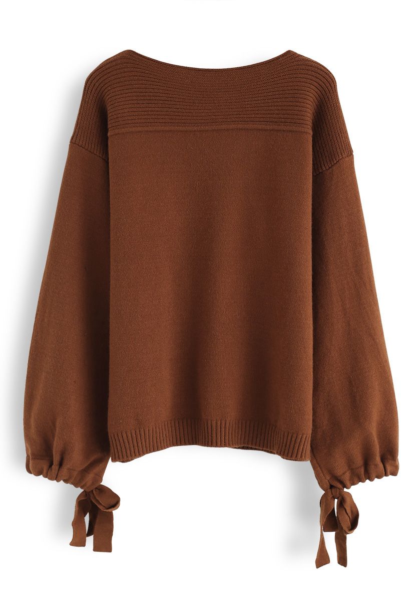 Bubble Sleeves Drawstring Bowknot Knit Sweater in Caramel 