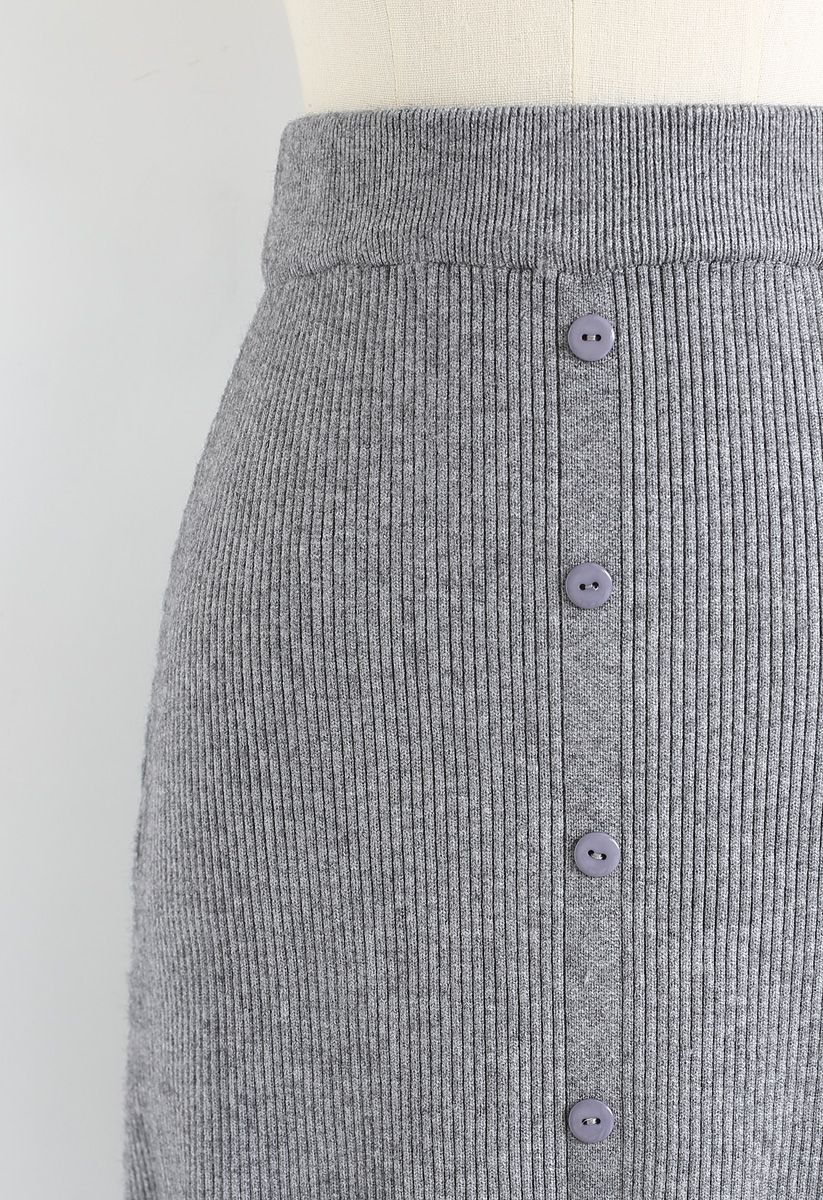 Button Front Trim Ribbed Knit Midi Skirt in Grey