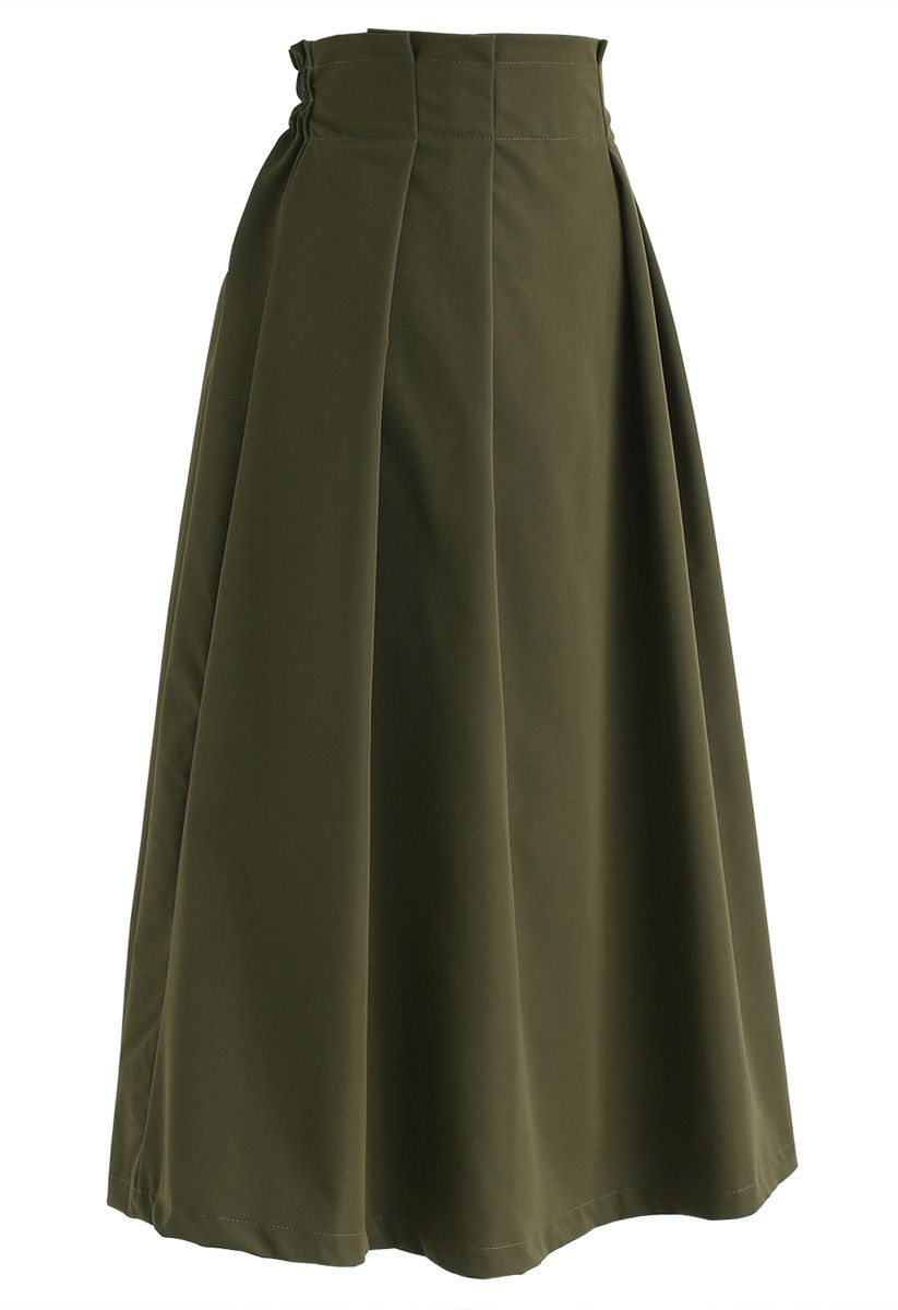 Pleated Elastic Waist A-Line Midi Skirt in Army Green