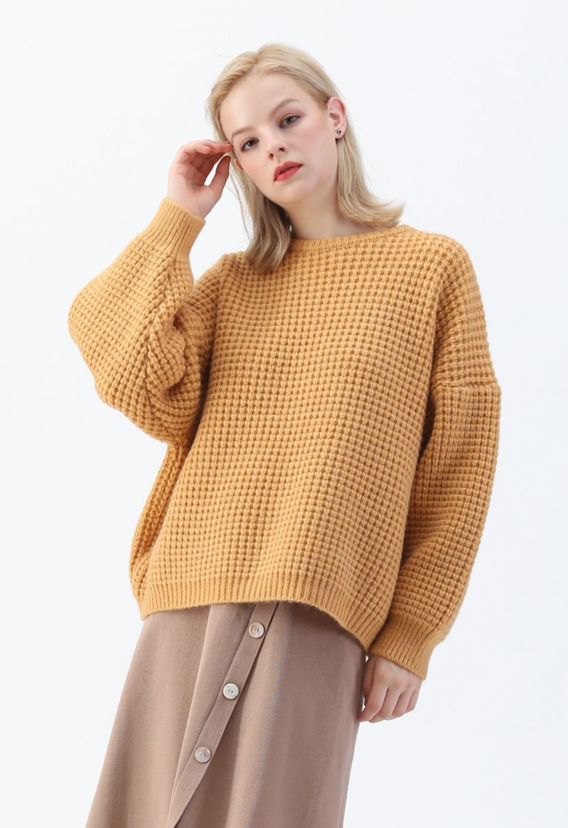 Puff Sleeves Oversize Waffle Knit Sweater in Camel - Retro, Indie and  Unique Fashion