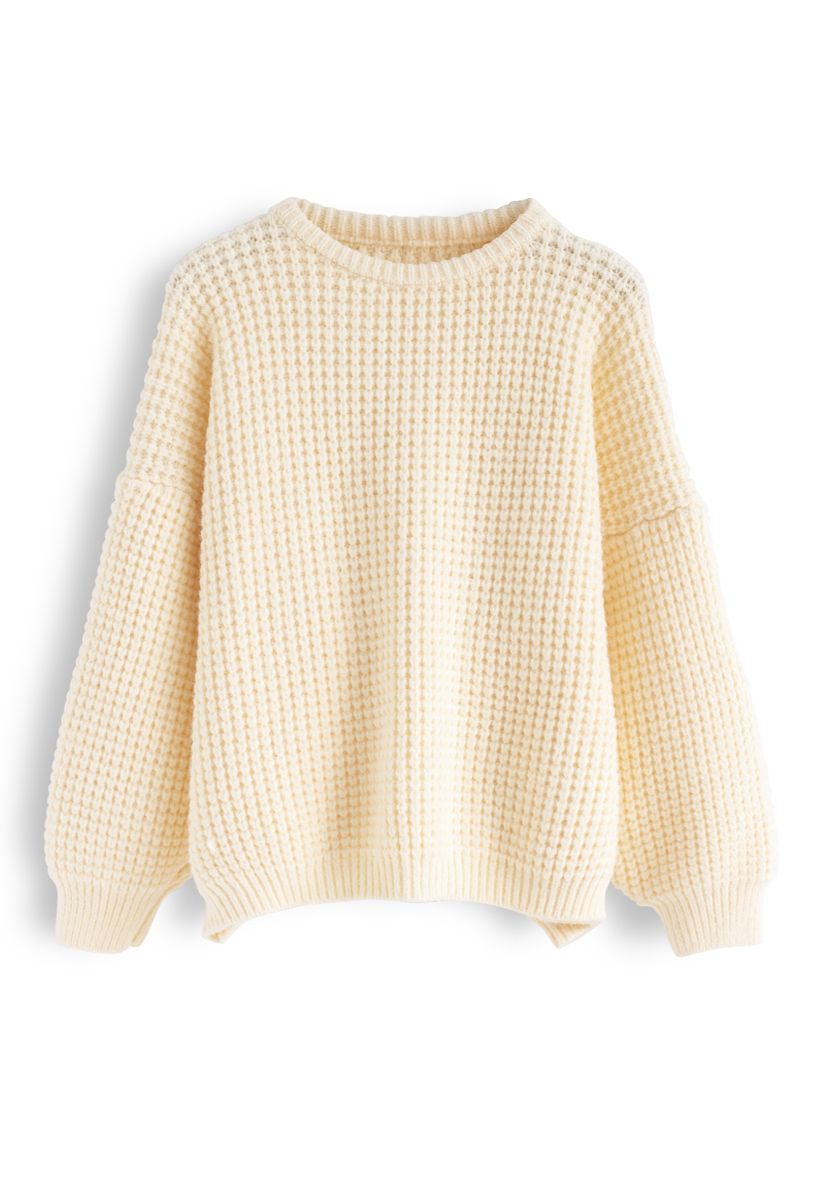 Puff Sleeves Oversize Waffle Knit Sweater in Cream