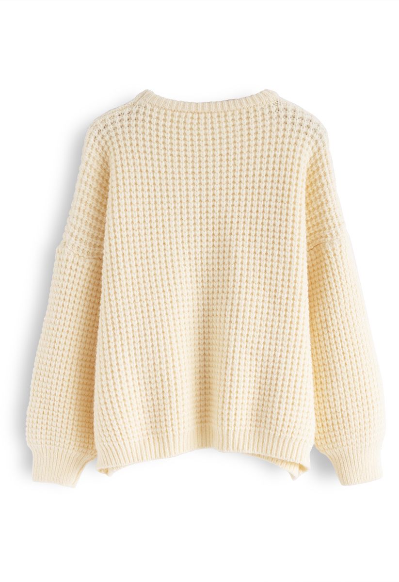 Puff Sleeves Oversize Waffle Knit Sweater in Cream
