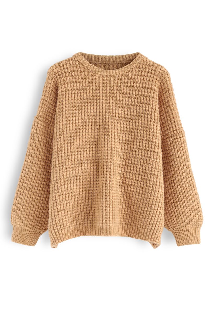Puff Sleeves Oversize Waffle Knit Sweater in Camel
