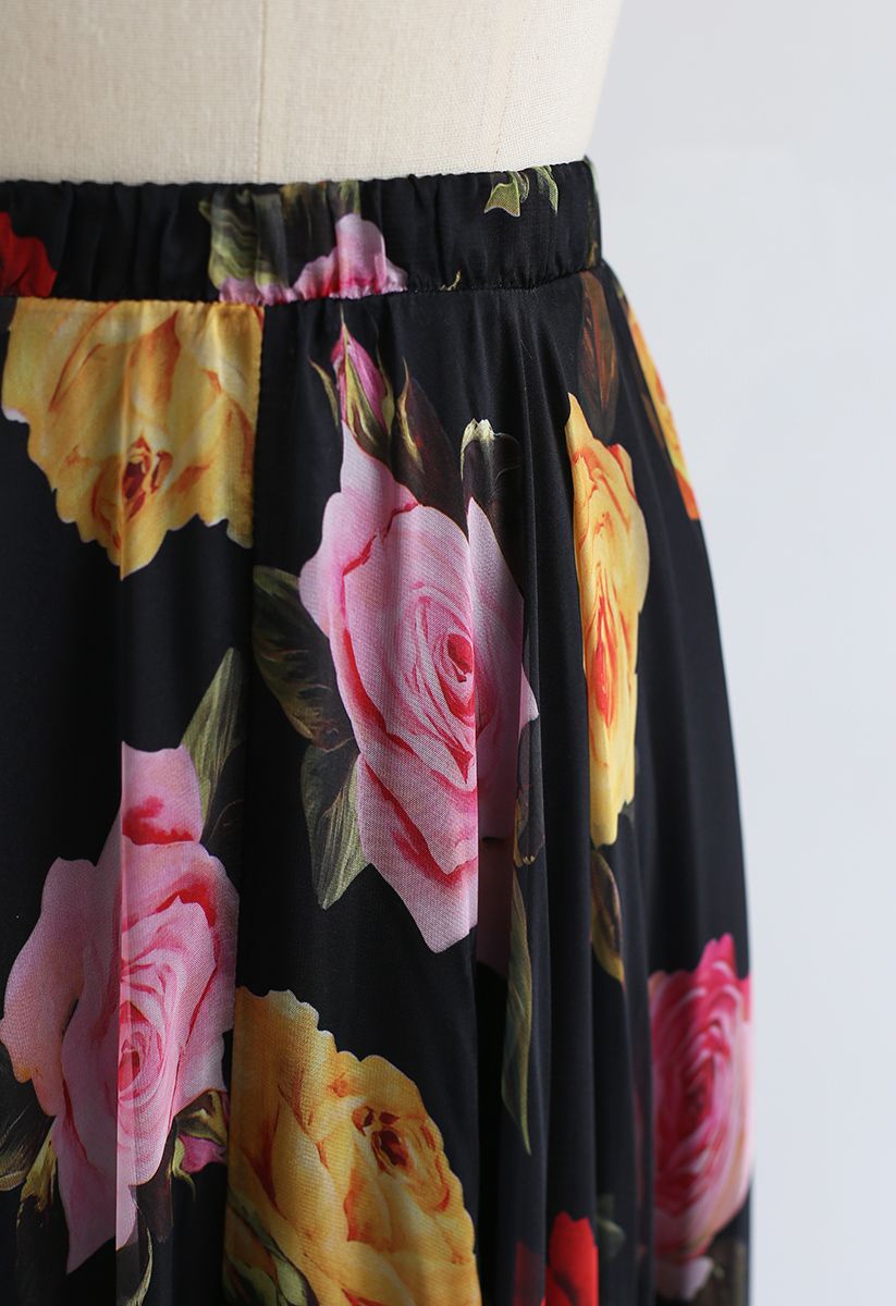 Blooming Rose Watercolor Maxi Skirt in Black