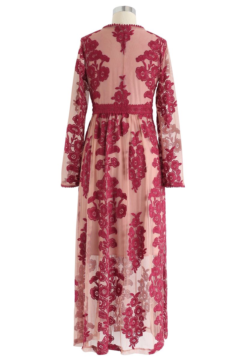V-Neck Floral Embroidered Mesh Maxi Dress in Wine