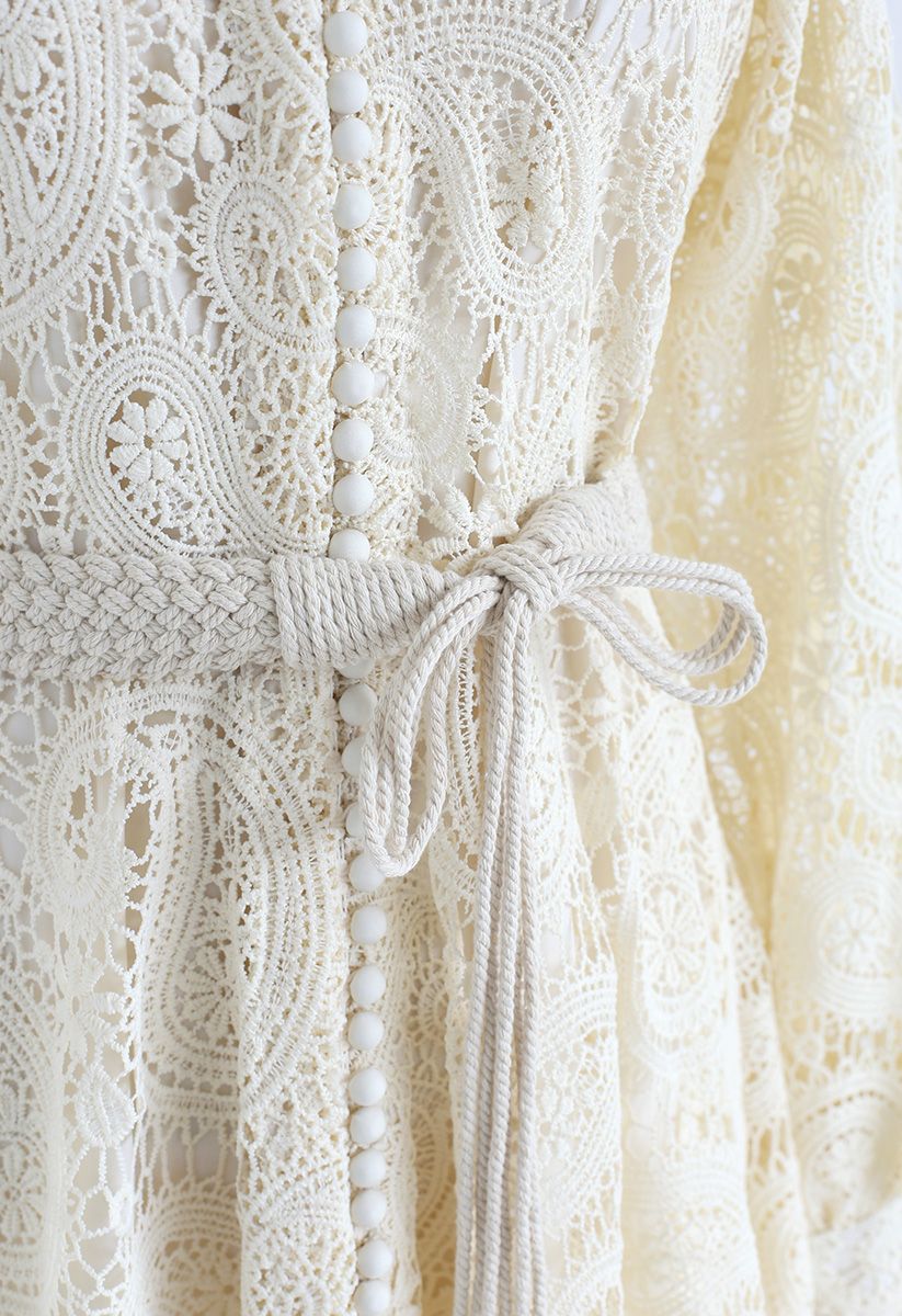 Button Front Belted Crochet Dress