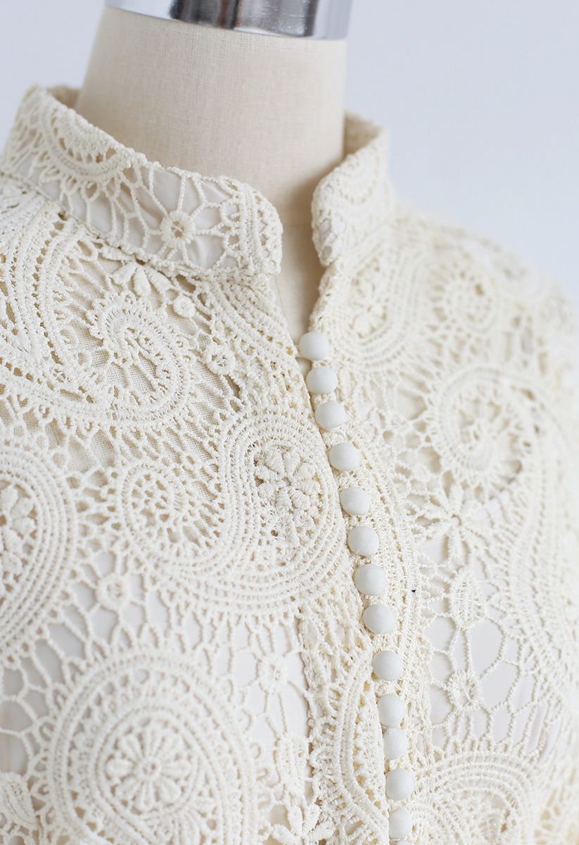 Button Front Belted Crochet Dress