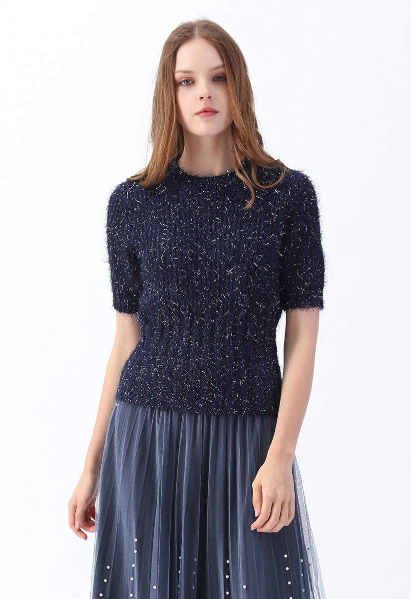 Shiny and Fluffy Short Sleeves Knit Sweater in Navy