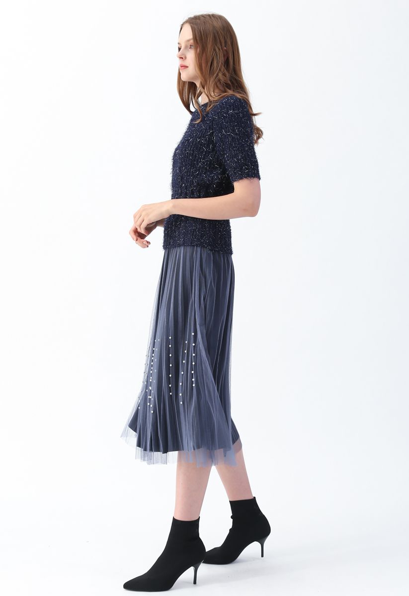 Shiny and Fluffy Short Sleeves Knit Sweater in Navy