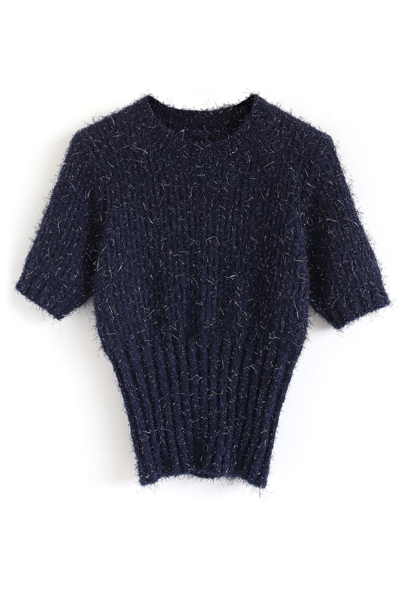 Shiny and Fluffy Short Sleeves Knit Sweater in Navy