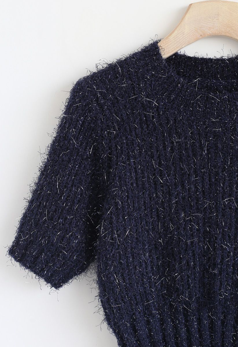 Shiny and Fluffy Short Sleeves Knit Sweater in Navy