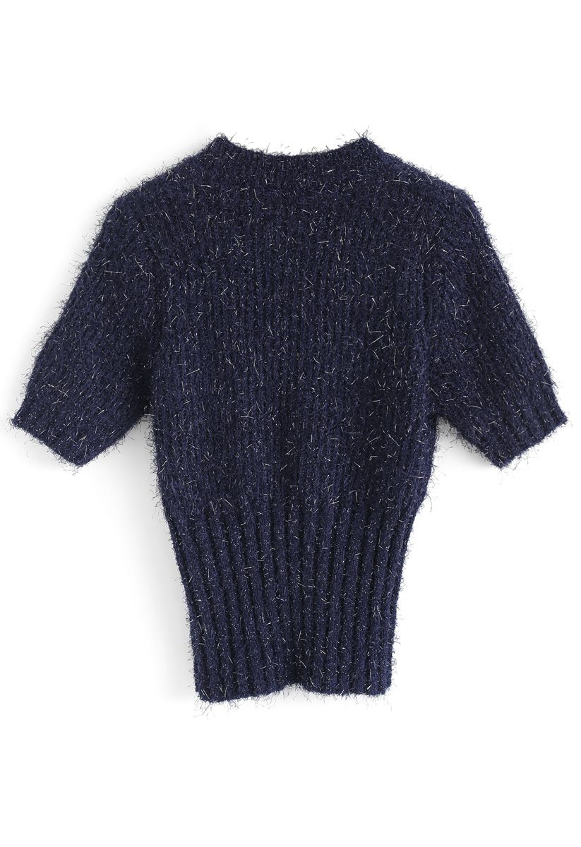 Shiny and Fluffy Short Sleeves Knit Sweater in Navy