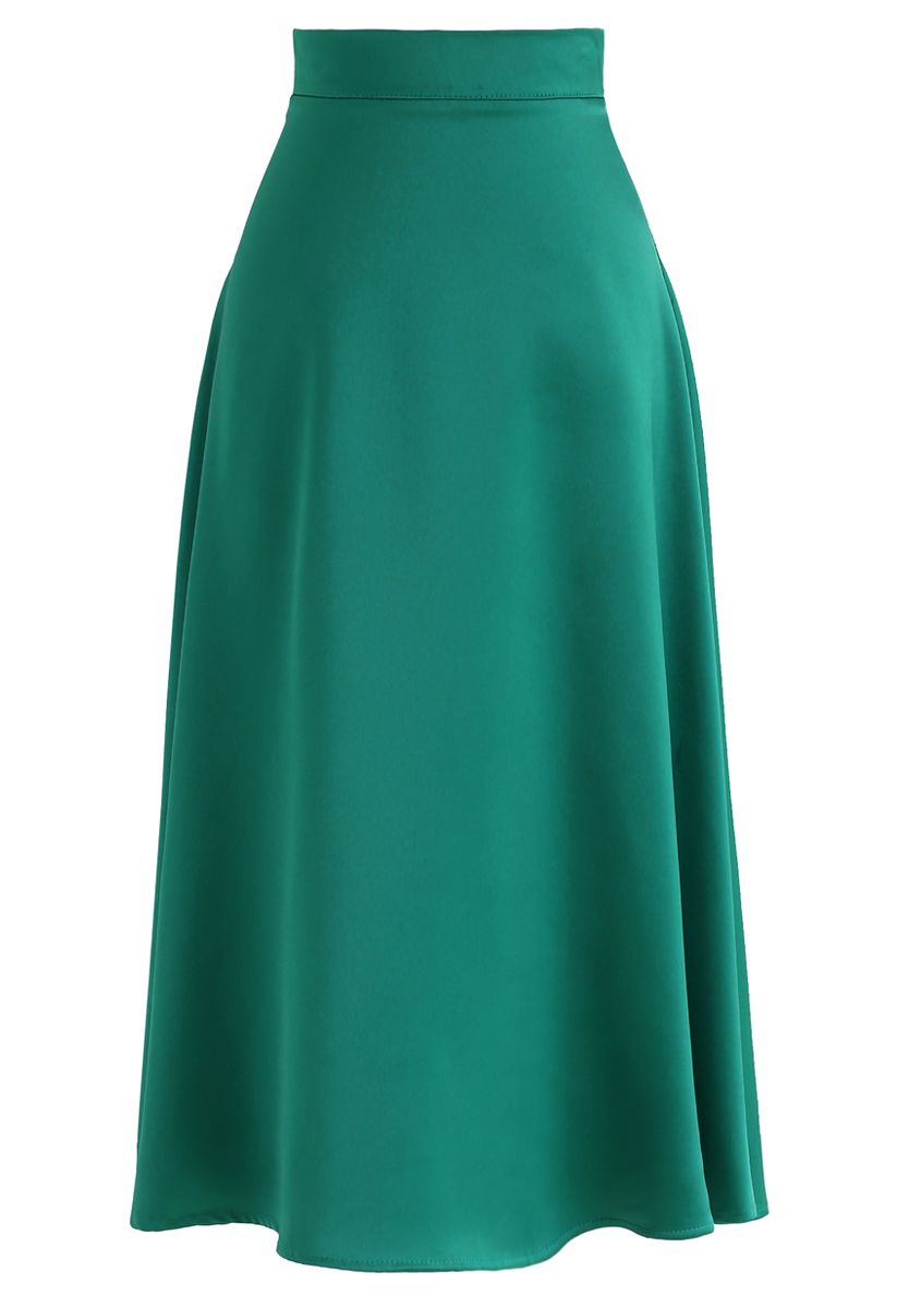 Satin A-Line Midi Skirt in Emerald