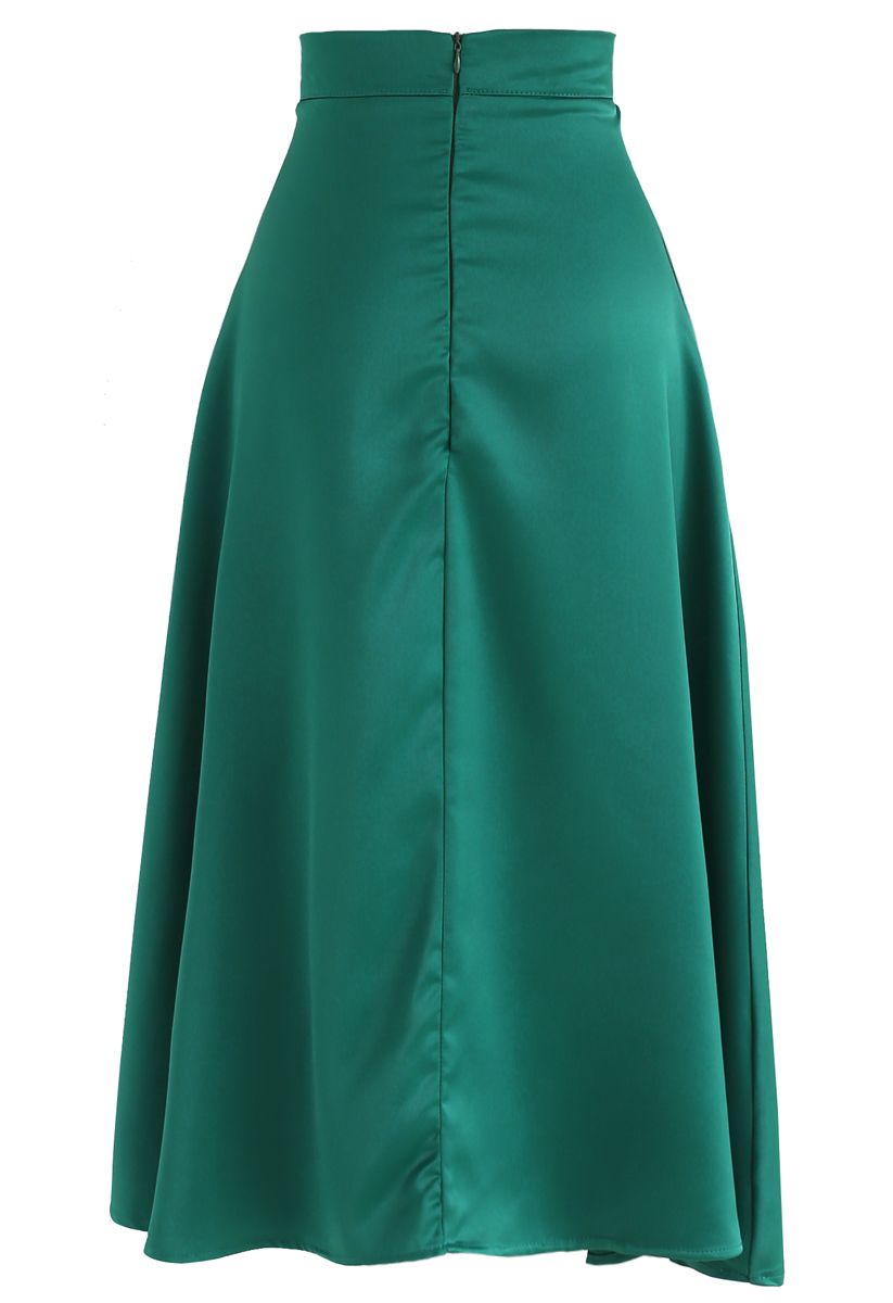 Satin A-Line Midi Skirt in Emerald