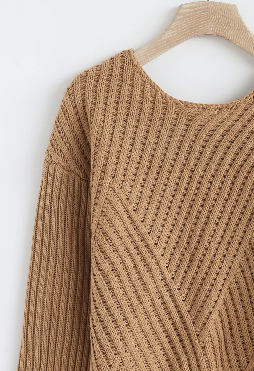 Bowknot Cutout Back Ribbed Knit Sweater in Tan - Retro, Indie and ...